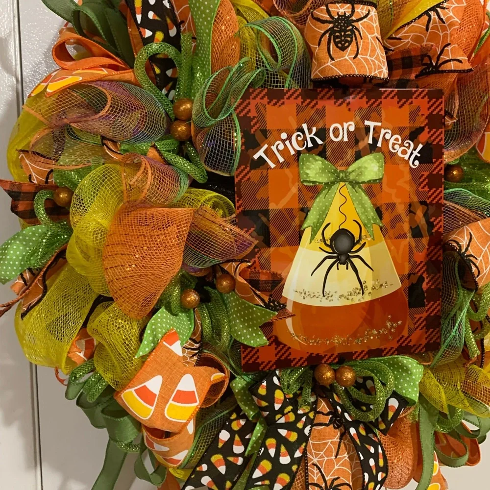 Hand Crafted Trick or Treat Wreath - Orange, Green, Black